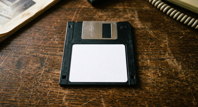 Black Floppy Disk with Blank White Label on Wooden Desk Surface