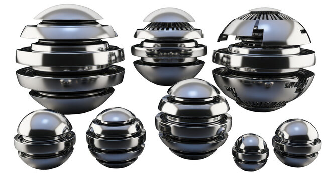 Futuristic layered sphere chrome metal 3d rendering abstract shape design element set