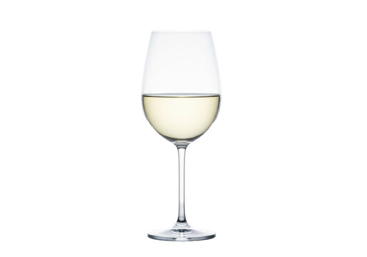 Crystal-clear stemmed wine glass half-filled with sparkling pale yellow white wine, perfectly isolated on brilliant white background with soft studio light, concept for beverage advertising