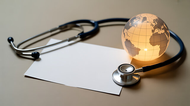 Stethoscope and illuminated globe on paper, symbolizing global healthcare