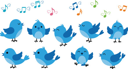 Naklejka premium Set of Adorable Blue Bird Characters Singing with Musical Notes Featuring Various Poses Like Flying and Chirping for Kids Nursery Decoration.