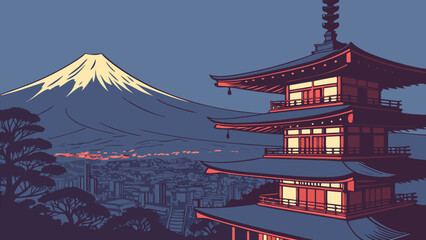 Iconic Japanese Pagoda Structure Overlooking Cityscape with Majestic Snow Capped Mountain at Dusk tokyo skyline vector