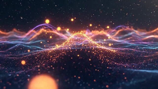Abstract glowing particles form undulating waves in a dark expanse