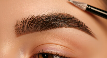 Close Up Macro Shot Of A Beautiful Woman's Eyebrow Being Professionally Shaped With A Dark Brown Tint And A Small Brush Natural Skin Texture Soft