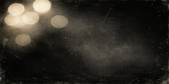 A dark grunge film background featuring heavy rain drops on a window against a stormy night sky with blue fog and textured moon light