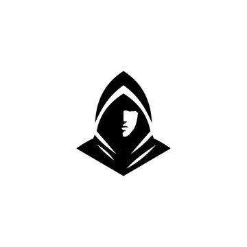 Minimalist hooded mysterious figure silhouette logo with hidden face isolated on white background