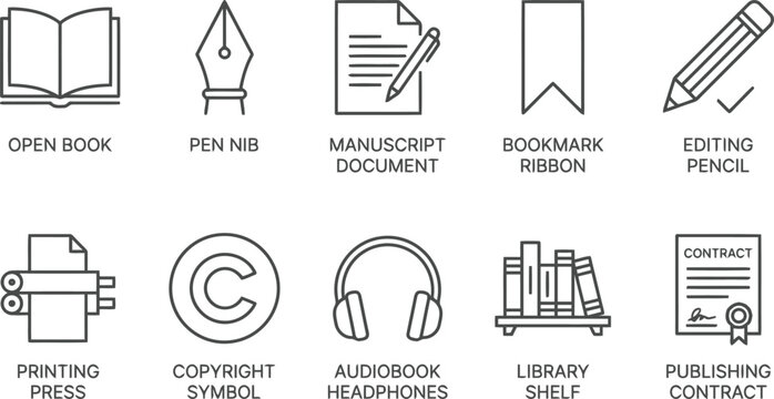 Set of linear icons representing various aspects of the book publishing and writing process.