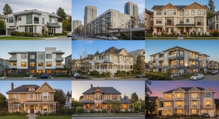 Fototapeta premium A collage of various houses, including Victorian-style homes and modern apartment buildings, with a focus on the architectural details and the contrast between the old and new styles.