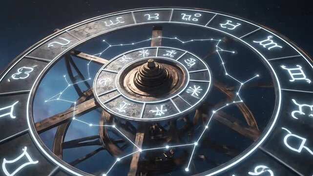 Celestial astrological device with zodiac symbols against a starry background