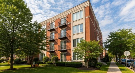 A red brick apartment building with green trees and a sidewalk in front.