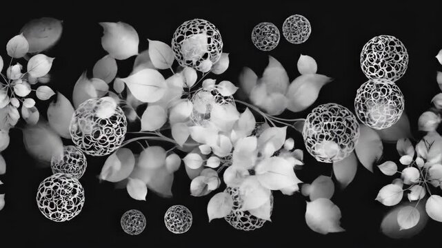 Elegant botanical pattern with delicate floral elements and intricate spherical adornments on a dark background, evoking a sense of refined beauty and artistic composition