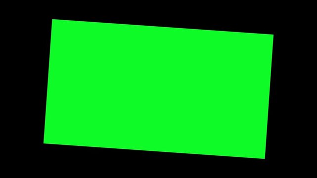 Bright green screen rectangle zooming in from a distant point against a dark black background for professional video editing visual effects