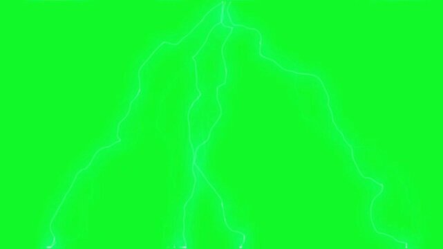 electric lightning strikes and bright white bolts flashing across a solid green screen background for professional visual effects and storm scene creation