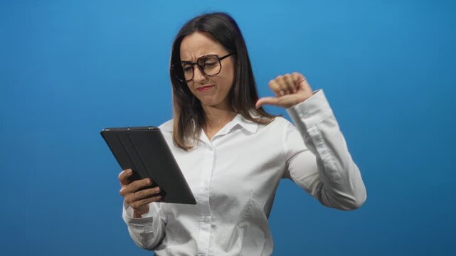 Woman holding tablet with thumb pointing over shoulder and a displeased frown, white shirt studio; frustration rejection.