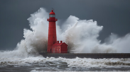 Obraz premium Dramatic Storm Waves Crash Against a Resilient Red Lighthouse on the Coast