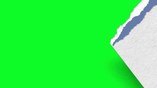 Creative paper tear transition effect revealing a green screen chroma key background from behind a solid blue surface with textured edges