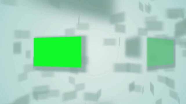 Abstract 3D animation of a floating green screen frame moving through a white space with blurred rectangular shapes and soft shadows