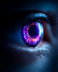 Naklejka premium Mysterious Eye in Shadow, Hidden Influence. Cosmos Reflected in Eye - Mysterious Consciousness Concept with Copy Space for Advertising,