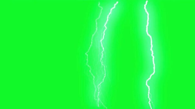 vertical lightning bolts and electric strikes flashing down on a solid green screen background for professional visual effects and storm atmospheric scenes