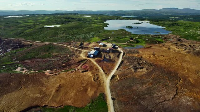 View of Storwartz mining area from an aerial perspective. This location is part of R&oslash;ros Copper Works and R&oslash;ros Mining Town in Norway, known for its historical significance, UNESCO World Heritage Site