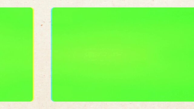 Artistic film reel animation with a green screen frame scrolling horizontally across a textured beige paper background for nostalgic videos