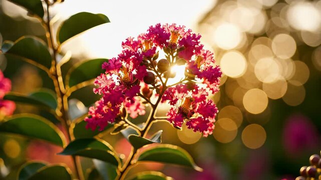 Vibrant cluster of pink crepe myrtle flowers bathed in warm golden sunlight with a soft bokeh background