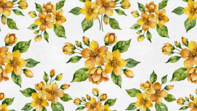 Seamless pattern of yellow flowers and green leaves, floral watercolor illustration, elegant repeating floral background