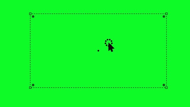 Black mouse cursor clicking on green screen with a loading circle animation followed by a dashed rectangular frame appearing and expanding