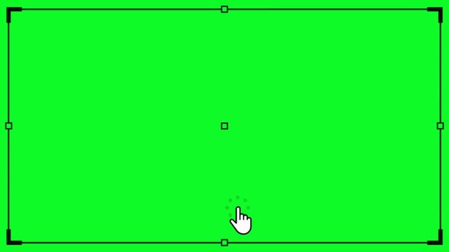 White hand cursor clicking on green screen to trigger a rectangular selection frame expanding and filling the screen for video editing