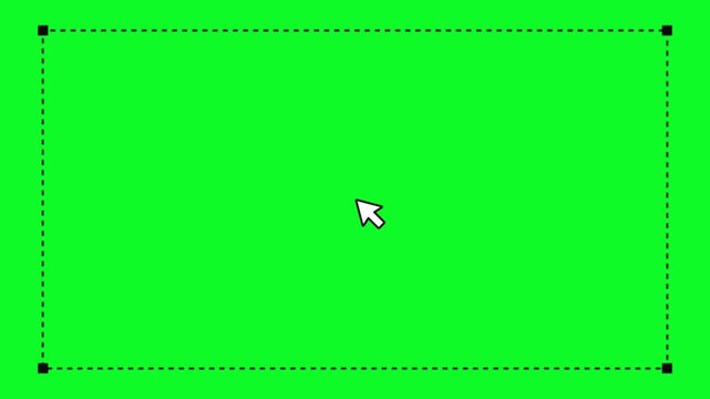 White mouse cursor clicking on green screen background to activate a dashed rectangular selection box that grows to fill the frame