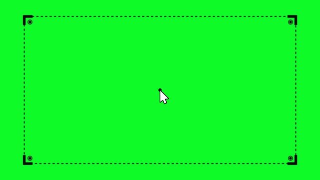 White mouse cursor clicks on green screen and a dashed rectangular selection box with corner brackets expands to fill frame
