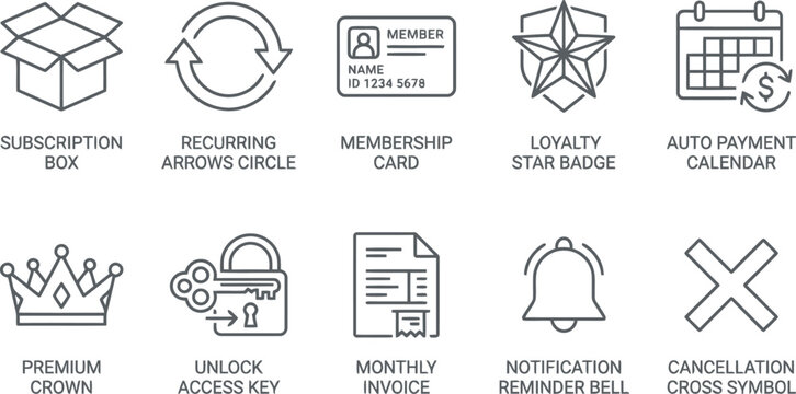Subscription and membership services icon set featuring recurring payments and loyalty rewards