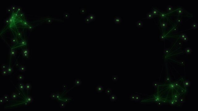 Dynamic abstract connection plexus graphic with green dots and lines creating digital frame motion