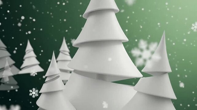 Stylized white trees with falling snowflakes on a green background