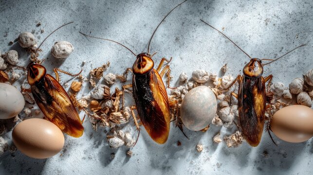 Close-up view of three cockroaches with eggs and debris on a textured surface, showcasing details of their bodies and surroundings