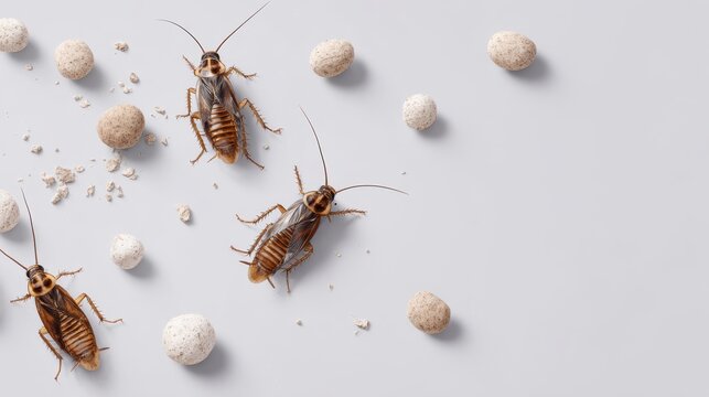 Three cockroaches and scattered eggs on a light gray surface, showcasing pest presence and potential infestation concerns