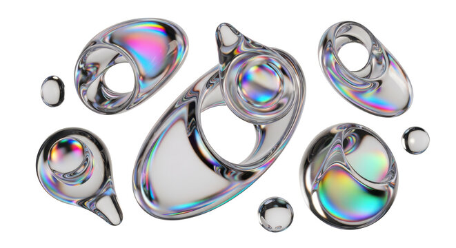 Iridescent modern design elements, glass gradient 3d organic shapes set, liquid abstract transparent 3d rendering objects.