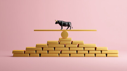Naklejka premium Bull figurine balanced on minimalist gold platform atop pyramid of gold bars, symbolizing financial strength, stability, optimism, and wealth in modern setting