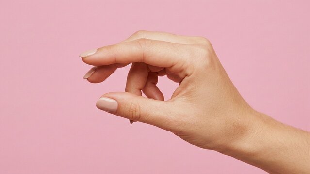 Close Up of Hand with Nude Nails Making Pinching Gesture, Precise Finger Pose on Pastel Pink Background