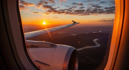 Fototapeta premium A view from an airplane window, showing a sunset with a wingtip and engine visible through the window.