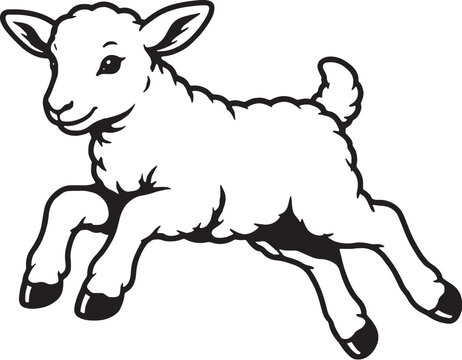 Lamb Jumping Forward Energetic Side Pose Black and White Line Art Illustration