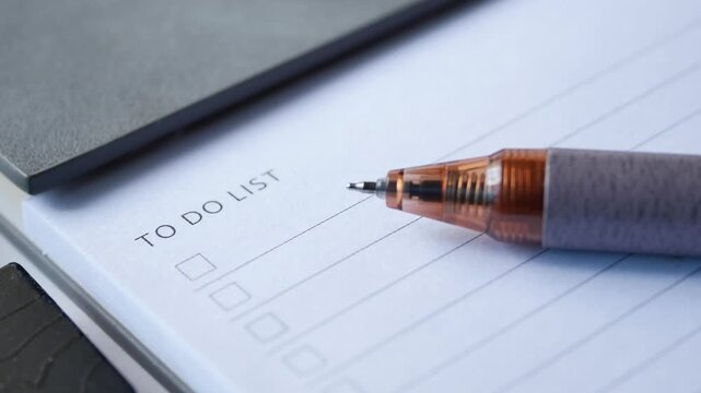 Close up shot of pen on to do list with planner tabs for months February and March visible