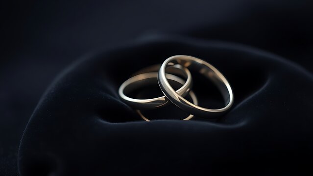 electroluminescence. Two silver wedding bands overlapping on dark velvet fabric. lifestyle magazines, social media lookbooks, designed for lifestyle magazines and social media content.