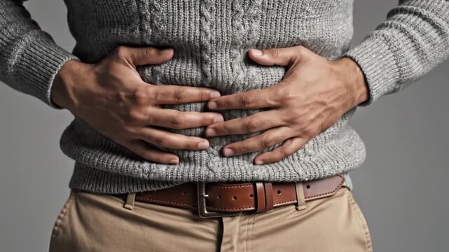 Man clutching stomach in visible discomfort while experiencing sharp abdominal pain indigestion or bloating video footage