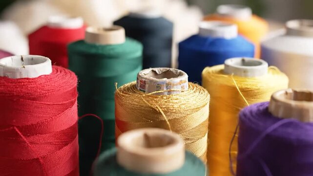 Closeup of colorful spools of thread for sewing and crafts.