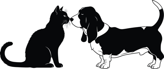 Black silhouette illustration of domestic cat sitting upright facing basset hound dog, stylized pet artwork symbolizing companionship, curiosity, and decorative  © MdAnisur