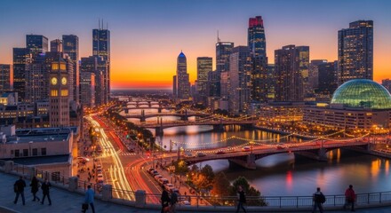 Fototapeta premium Chicago skyline at sunset with the Chicago River and bridges in the foreground.