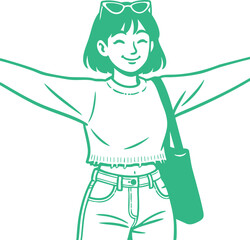 Obraz premium Cheerful young woman with open arms, radiating happiness and a carefree spirit in a vibrant illustration, embodying youth, freedom, and a positive casual lifestyle