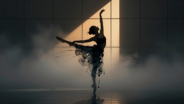 Silhouette of a ballet dancer in elegant pose amidst ethereal smoke and soft light