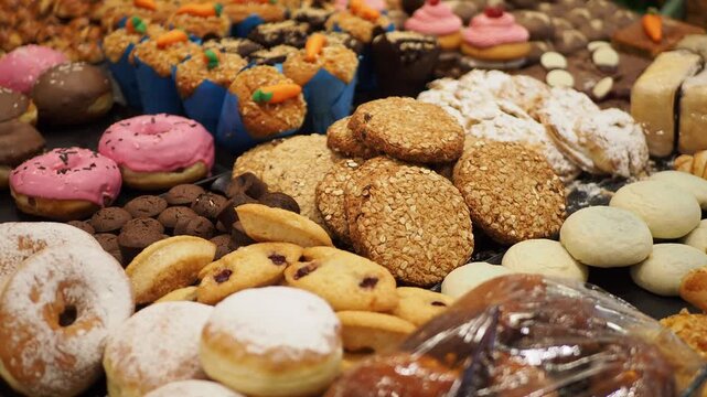 Abundant display of varied freshly baked cookies donuts and pastries in bakery shop with slow camera movement